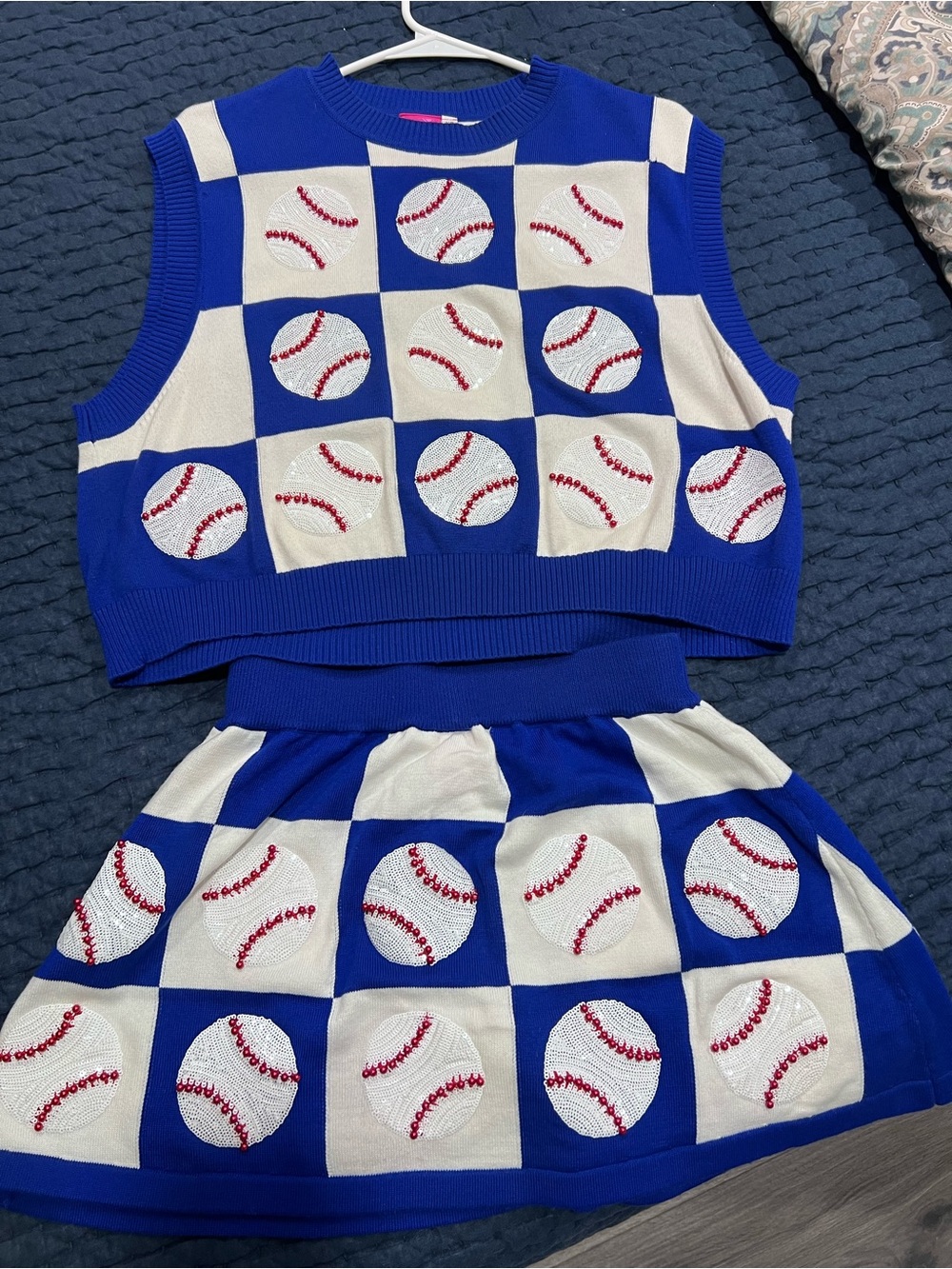 QUEEN OF SPARKLES Blue and White Baseball Patchwork sweater and Mini Skirt Set